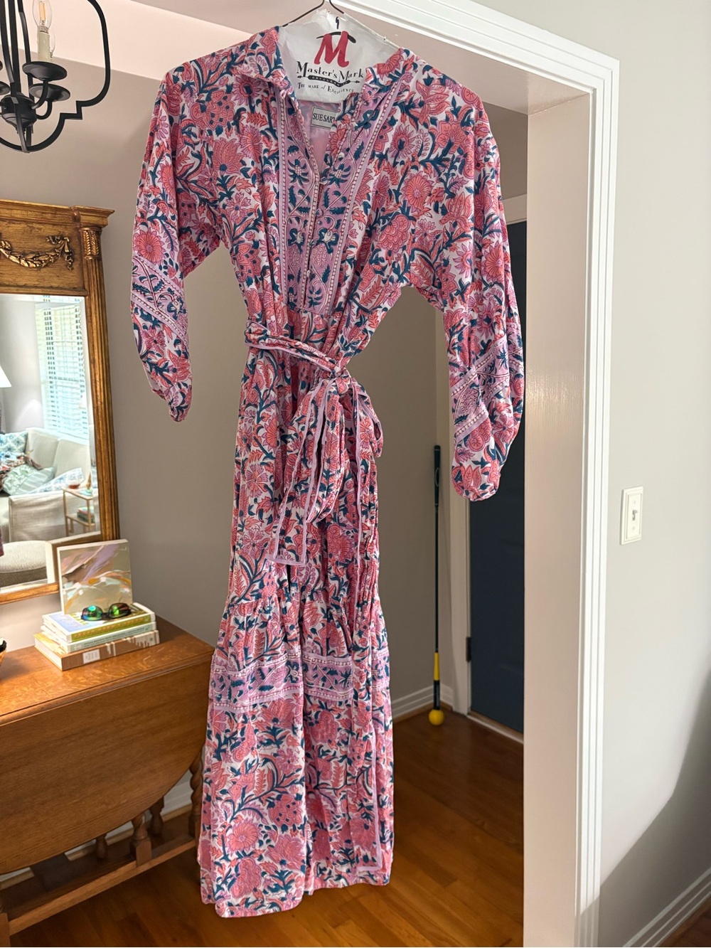 Sue sartor  Pink Floral Maxi Dress with Tie Waist
